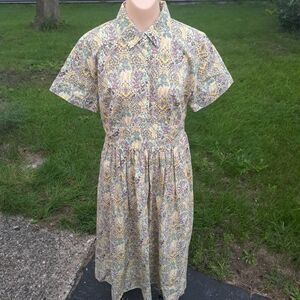 Talbots Yellow Cotton Midi Shirtdress Size 6 Smocked Poplin Branching Floral